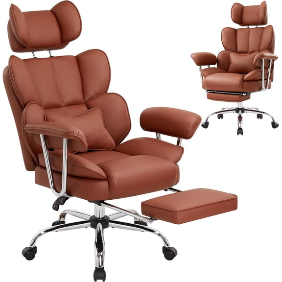 Big and Tall Executive Office Chair, Ergonomic High Back PU Leather Desk Chair, Heavy Duty Managerial Computer Chairs with Footrest, Adjustable Headrest, Armrests,Lumbar Support,400LBS(Brown)