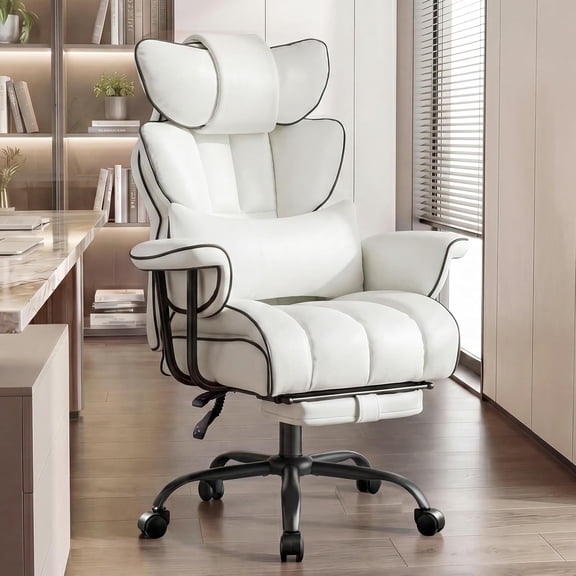 Big and Tall Executive Office Chair- Ergonomic, Reclining Desk Chair with Footrest Lumbar Pillow, Height Adjustable Back Leather Chair for Home Office, Pure White