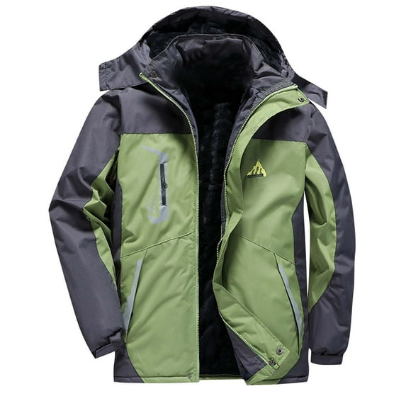 Big & Tall Fleece Lined Jackets Mens Winter Warm Waterproof Raincoat Hiking Long Sleeve Windbreakers Zipper Pockets Green, 2XL