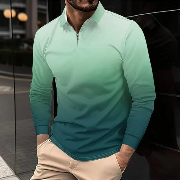 Big & Tall Golf Shirts for Men S-5X Plus Size Long Sleeve T-Shirts with Zipper Collared Pullover Gradient Printed Casual Work Tees Tops