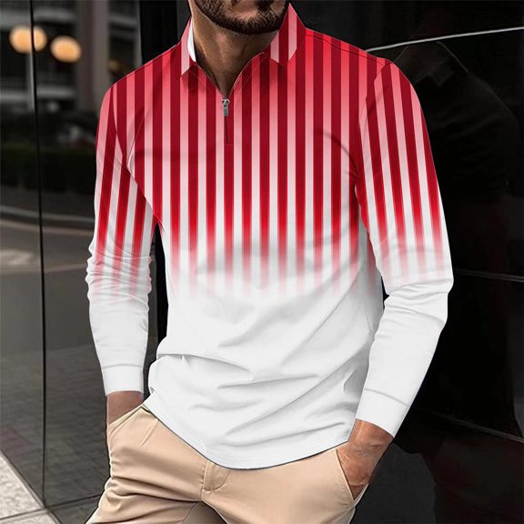 Big & Tall Golf Shirts for Men Plus Size S-5X Long Sleeve Tshirts Shirt with Zipper Collar Trendy Stripe Printed Pullover Athletic Workout Tops