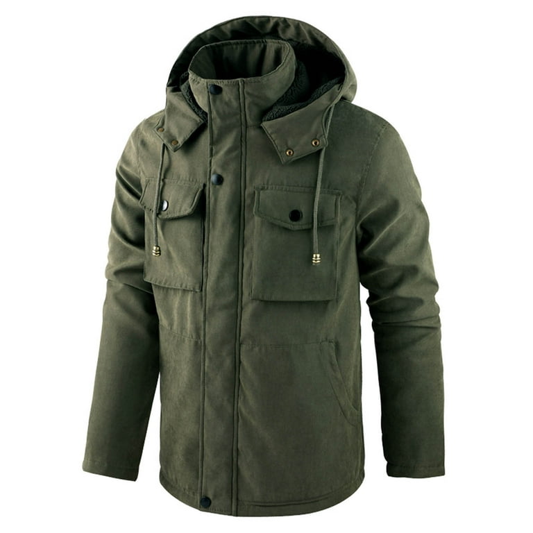 Big Tall Jackets for Men Loose Plush Warm Cotton Hooded Jacket Long Sleeve Parkas Dark Army Green XXXXL