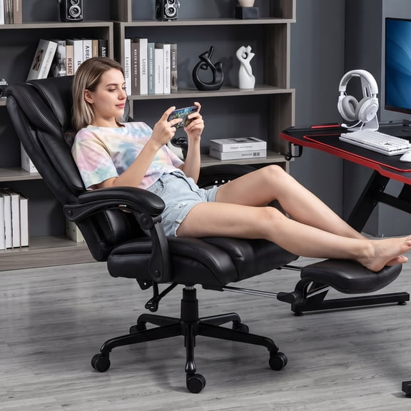Big and Tall Massage & Heated Office Chair 500LBS, PU Leather Executive Office Chair with Reclining Backrest, High Back Ergonomic Computer Desk Chair with Footrest，Black