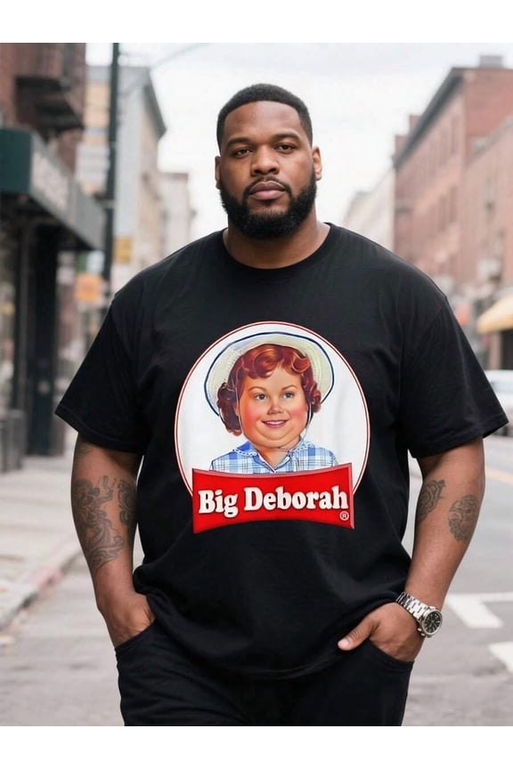 Big And Tall Men, Big Deborah Figure Print Stylish Funny Graphic Black Tee, Casual Soft Short Sleeve Oversized Pure Cotton 220g Pattern Printed T-Shirt