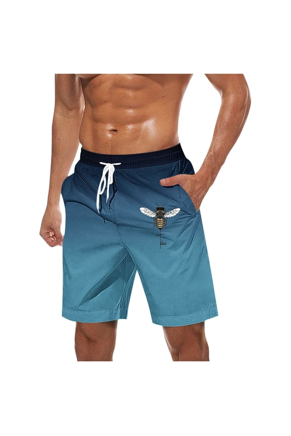 Big & Tall Men's Board Shorts 10" Inseam Gradient Ombre Bee Graphic Quick Dry Stretch Water Repellent Summer Beach Vacation Bathing Suit with Pockets