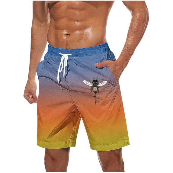 Big & Tall Men's Board Shorts 10" Inseam Gradient Ombre Bee Graphic Quick Dry Stretch Water Repellent Summer Beach Vacation Bathing Suit with Pockets