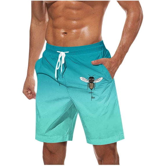 Big & Tall Men's Board Shorts 10" Inseam Gradient Ombre Bee Graphic Quick Dry Stretch Water Repellent Summer Beach Vacation Bathing Suit with Pockets
