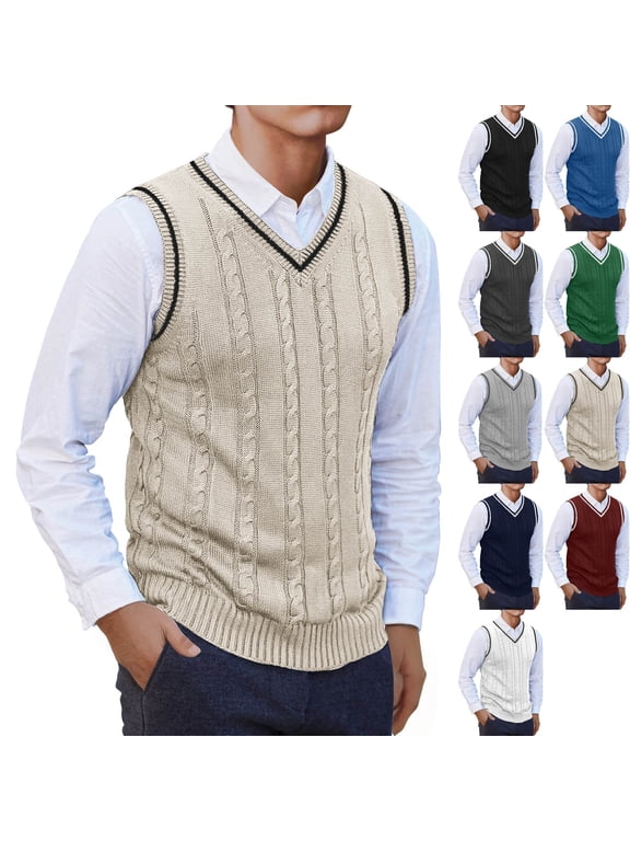 Big & Tall Men's Cable Knit V Neck Sweater Vest Classic Fit Sleeveless Warm Knitted Pullover Top for Business Casual Office Daily Layering, Khaki, 4XL