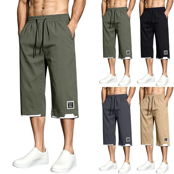 Big & Tall Men's Capri Pants Lightweight Loose Fit Below Knee 3/4 Cropped Pants with Pockets Elastic Waist Drawstring for Travel, Army Green, M