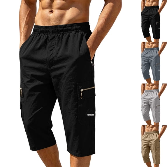 Big & Tall Men's Cargo Capri Pants Lightweight Quick Dry 3/4 Below Knee Loose Fit Elastic Waist Drawstring Zipper Pockets for Hiking Travel, Black, 4XL