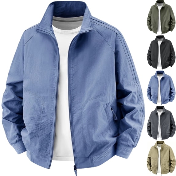 Big & Tall Men's Casual Bomber Jacket Breathable Mesh Lined Lightweight Windproof Windbreaker Zip Up Coat with Pockets for Travel Work Outdoor, Blue, 5XL