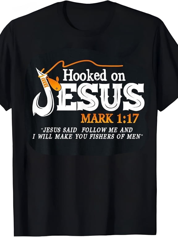 Big & Tall Men's Christian Graphic T-Shirt - Retro Street Style Loose Fit 100% Cotton, Fisherman Design with "Hooked on Jesus" & Mark 1:17 Scripture, Breathable Machine Washable for Daily & Work Wear