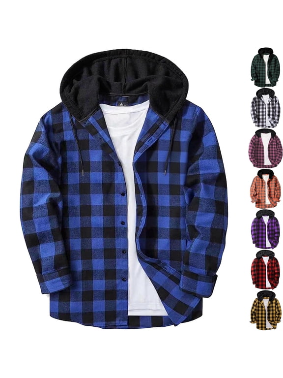 Big & Tall Men's Flannel Buffalo Plaid Hooded Shacket Casual Long Sleeve Button Down Shirt Jacket Warm Overshirt for Fall Winter, Blue, 5XL