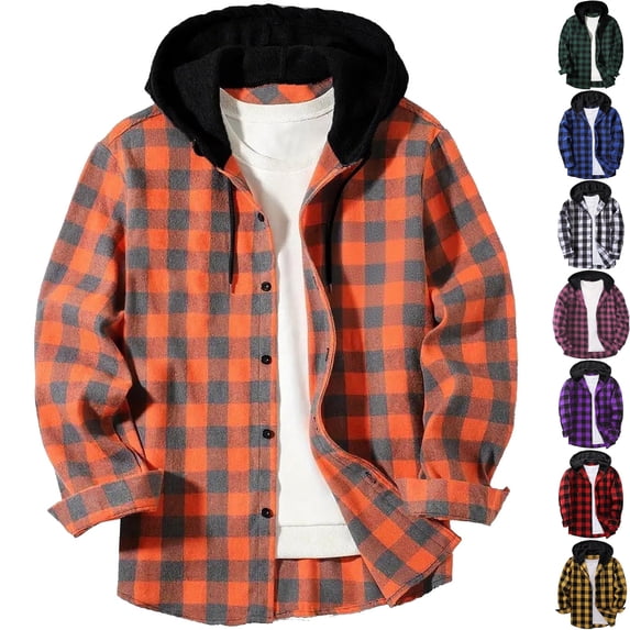Big & Tall Men's Flannel Buffalo Plaid Hooded Shacket Casual Long Sleeve Button Down Shirt Jacket Warm Overshirt for Fall Winter, Orange, 5XL