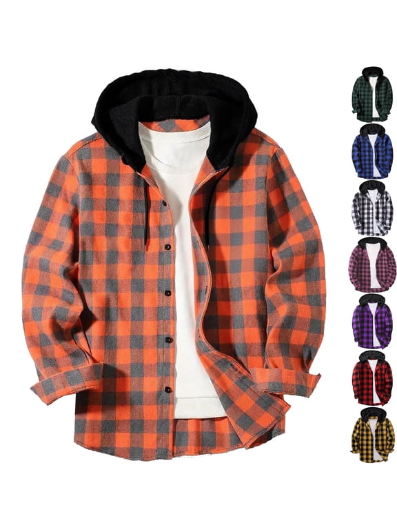 Big & Tall Men's Flannel Buffalo Plaid Hooded Shacket Casual Long Sleeve Button Down Shirt Jacket Warm Overshirt for Fall Winter, Orange, 5XL