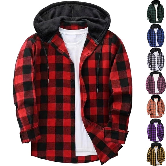 Big & Tall Men's Flannel Buffalo Plaid Hooded Shacket Casual Long Sleeve Button Down Shirt Jacket Warm Overshirt for Fall Winter, Red, 5XL