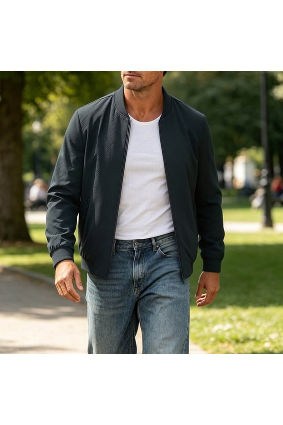 Big & Tall Men's Full Zip Baseball Collar Bomber Jacket Regular Loose Fit Business Casual Outerwear with Zipper Side Pockets Dark Blue XXL