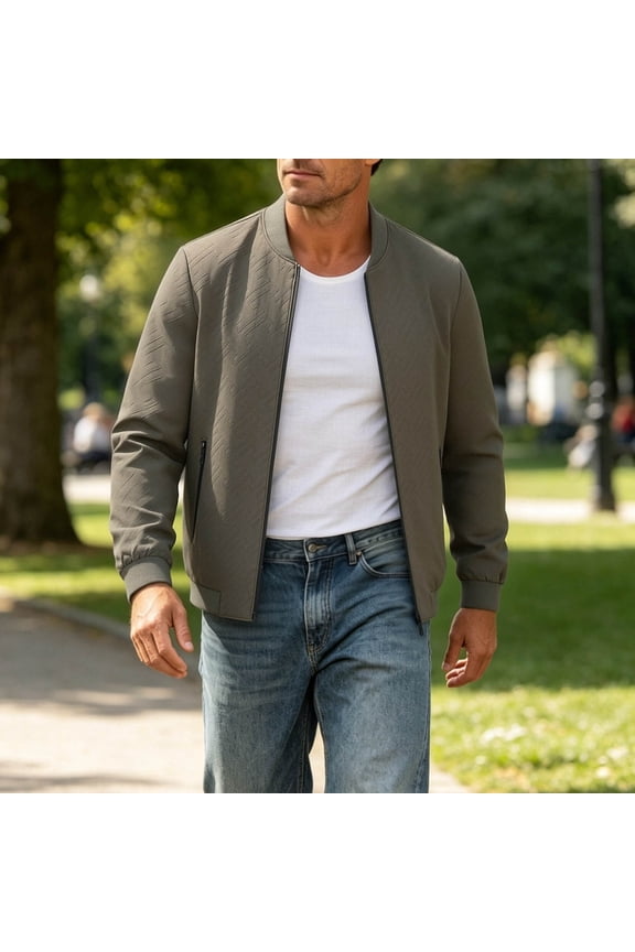 Big & Tall Men's Full Zip Baseball Collar Bomber Jacket Regular Loose Fit Business Casual Outerwear with Zipper Side Pockets Khaki 3XL