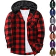 thumbnail image 1 of Big & Tall Men's Hooded Flannel Shirt Plaid Shacket Long Sleeve Button Down Workwear Jacket with Drawstring Hood for Hiking Winter Outdoors, Red, 5XL, 1 of 11