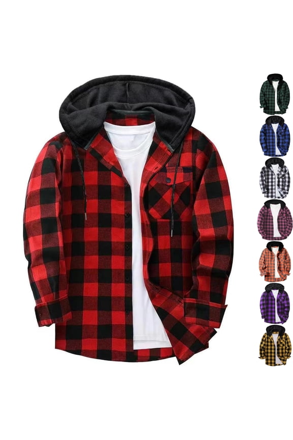 Big & Tall Men's Hooded Flannel Shirt Plaid Shacket Long Sleeve Button Down Workwear Jacket with Drawstring Hood for Hiking Winter Outdoors, Red, 5XL