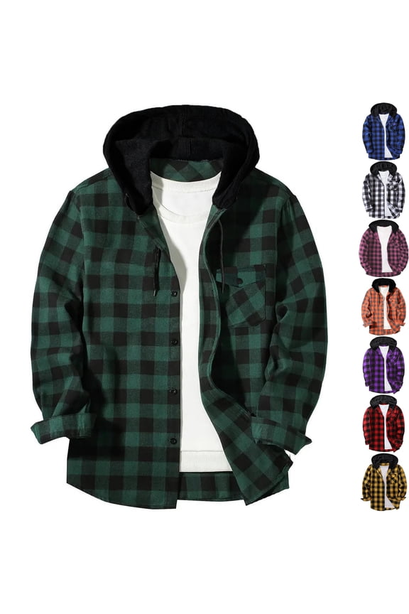 Big & Tall Men's Hooded Flannel Shirt Plaid Shacket Long Sleeve Button Down Workwear Jacket with Drawstring Hood for Hiking Winter Outdoors, Army Green, 5XL