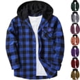 thumbnail image 1 of Big & Tall Men's Hooded Flannel Shirt Plaid Shacket Long Sleeve Button Down Workwear Jacket with Drawstring Hood for Hiking Winter Outdoors, Blue, 5XL, 1 of 7