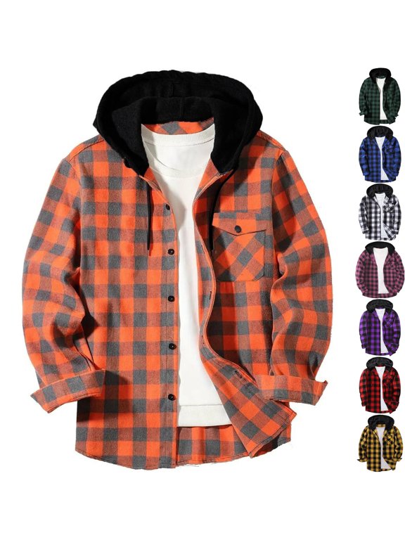Big & Tall Men's Hooded Flannel Shirt Plaid Shacket Long Sleeve Button Down Workwear Jacket with Drawstring Hood for Hiking Winter Outdoors, Orange, 4XL
