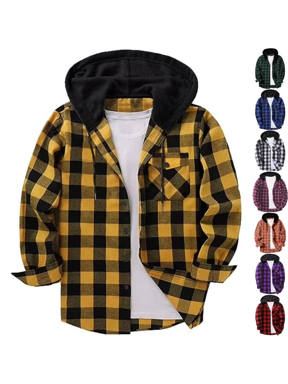 Big & Tall Men's Hooded Flannel Shirt Plaid Shacket Long Sleeve Button Down Workwear Jacket with Drawstring Hood for Hiking Winter Outdoors, Yellow, 5XL