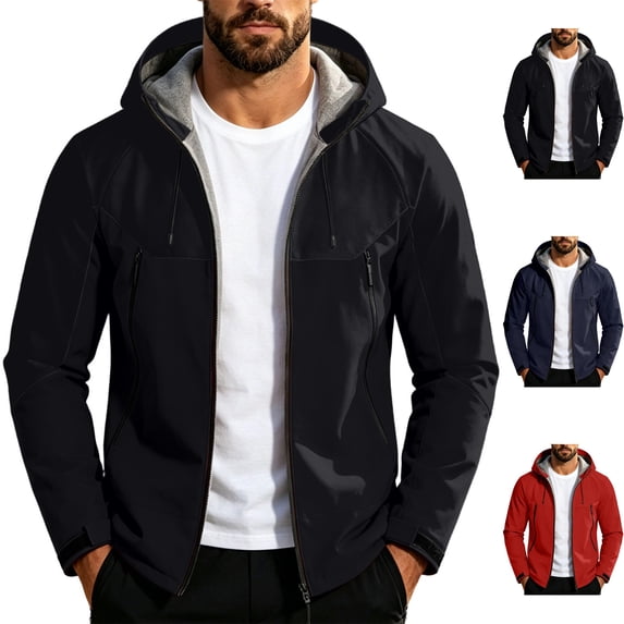 Big & Tall Men's Lightweight Raincoat Thicken Fleece Lined Softshell Jacket Waterproof Warm Windbreaker with Zip Pockets for Hiking Camping Outdoor, Black, 4XL