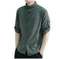 thumbnail image 1 of Big & Tall Men's Linen Shirt Button Down Stand Collar T-Shirt with Pocket Summer Casual Tops Father's Gift M-5XL, 1 of 4