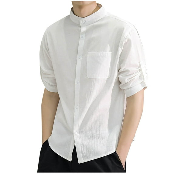 Big & Tall Men's Linen Shirt Button Down Stand Collar T-Shirt with Pocket Summer Casual Tops Father's Gift M-5XL