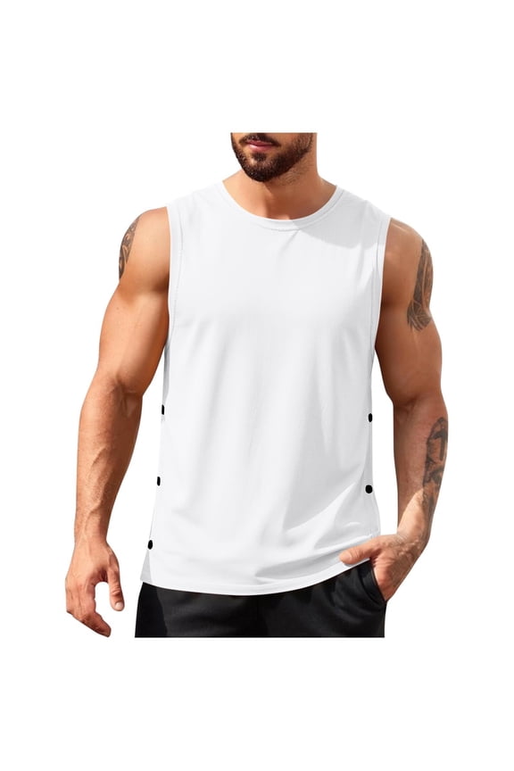 Big & Tall Men's Muscle Tank Top Sleeveless Workout Shirt Crew Neck Jersey Knit Side Snap Buttons Summer Athletic Training