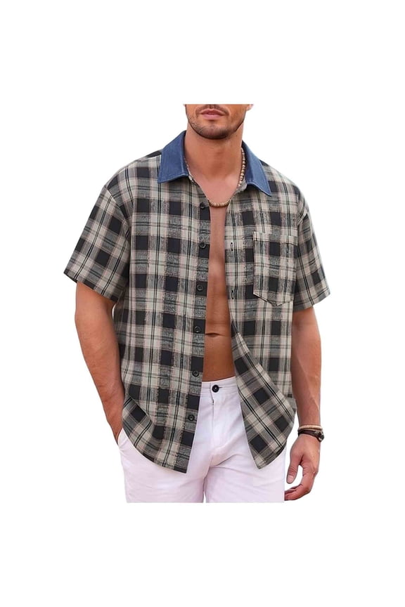 Big & Tall Men's Plaid Short Sleeve Button Down Shirt Contrast Collar Casual Untucked Tops for Summer Vacation