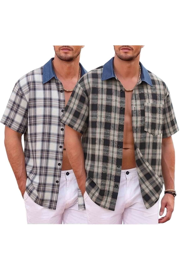 Big & Tall Men's Plaid Short Sleeve Button Down Shirt Contrast Collar Casual Untucked Tops for Summer Vacation