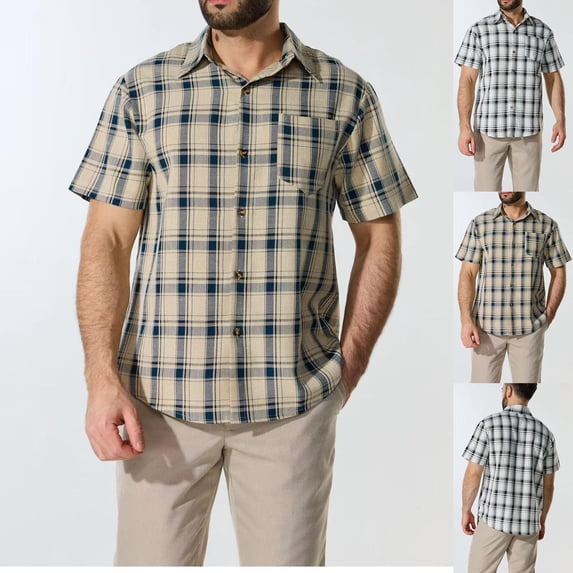 Big & Tall Men's Plaid Short Sleeve Button Down Shirts Business Casual Wrinkle Free 4-Way Stretch Regular Fit Untucked Dress Shirt with Chest Pocket Summer