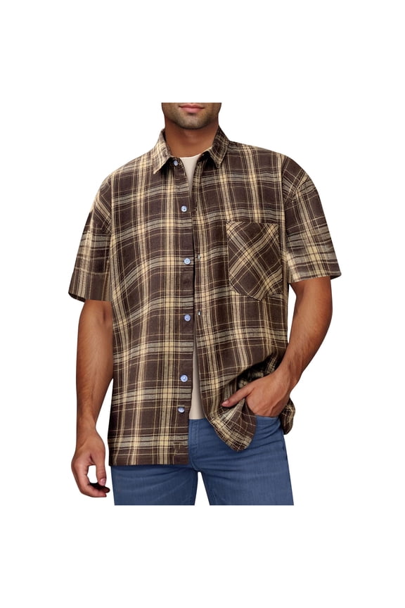 Big & Tall Men's Plaid Short Sleeve Button Down Shirts Casual Vintage Drop Shoulder Loose Fit Tops Summer Vacation Streetwear with Pocket Father's Day Gift