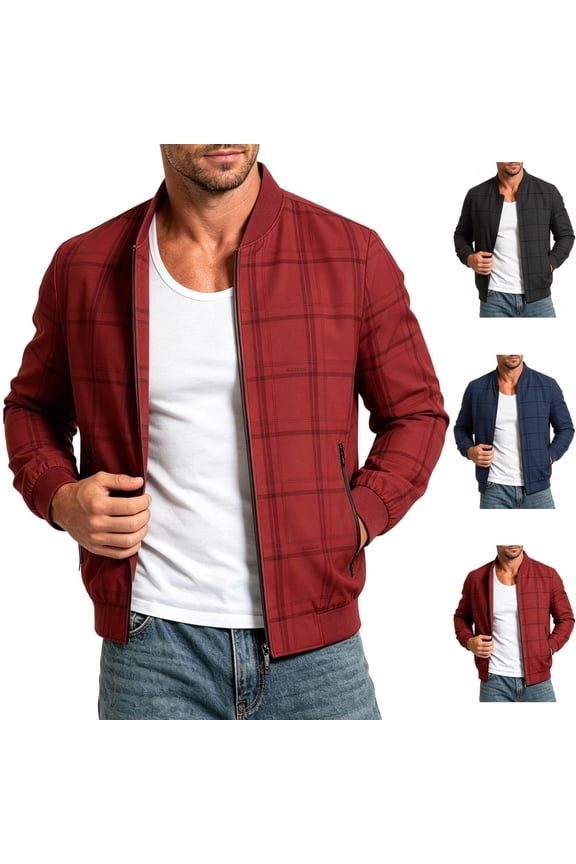 Big & Tall Men's Plaid Windbreaker Varsity Jacket Lightweight Casual Checkered Zip Up Coat with Zip Pockets for Travel Golf Fall Gift for Him, Red, 4XL
