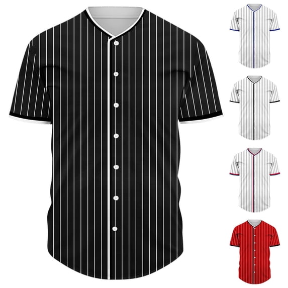Big & Tall Men's Short Sleeve Baseball Jersey Mesh Striped Quick Dry Athletic Workout T-Shirt Button Down V Neck Pinstripe Uniform Top for Softball Sports Team