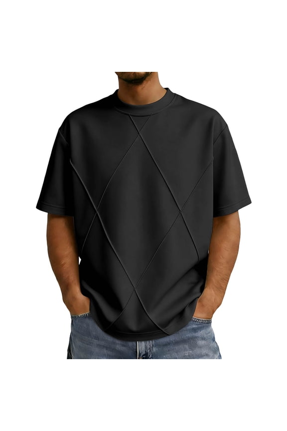 Big & Tall Men's Short Sleeve Boxy T-Shirts Crew Neck Diamond Grid Seam Pattern Summer Fashion Classic Tops for Father Gift