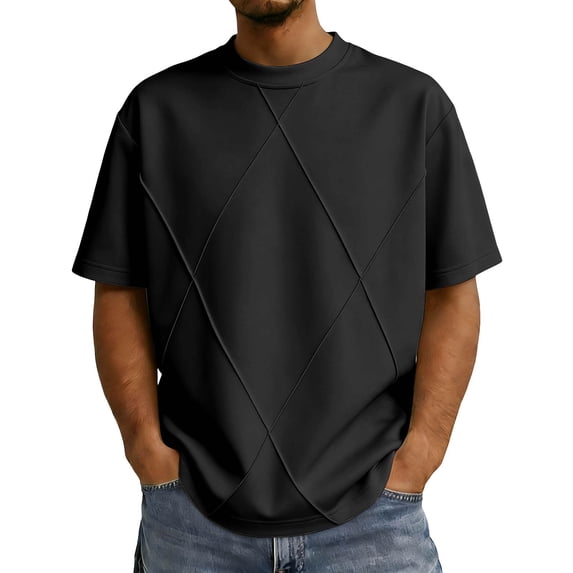 Big & Tall Men's Short Sleeve Boxy T-Shirts Crew Neck Diamond Grid Seam Pattern Summer Fashion Classic Tops for Father Gift