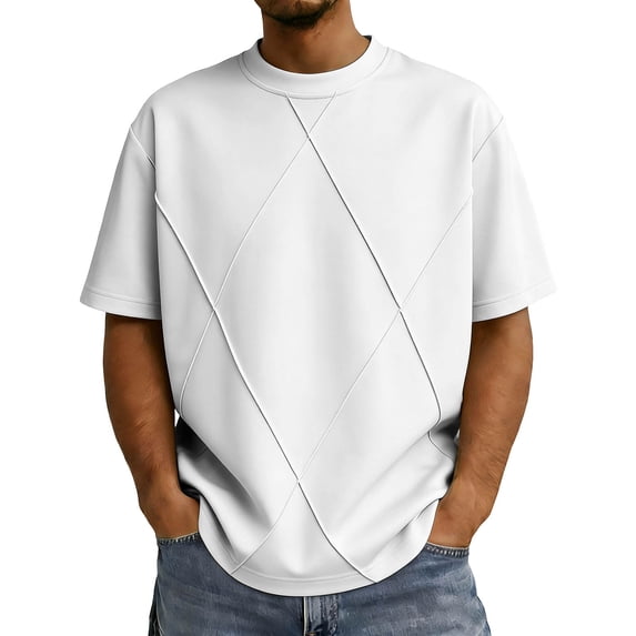 Big & Tall Men's Short Sleeve Boxy T-Shirts Crew Neck Diamond Grid Seam Pattern Summer Fashion Classic Tops for Father Gift