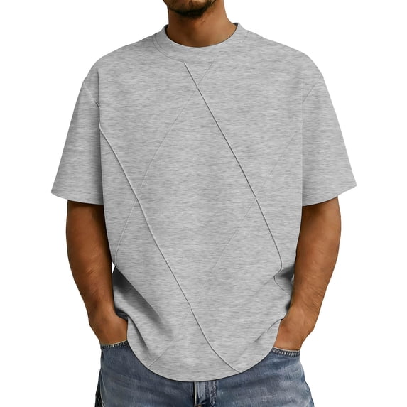 Big & Tall Men's Short Sleeve Boxy T-Shirts Crew Neck Diamond Grid Seam Pattern Summer Fashion Classic Tops for Father Gift