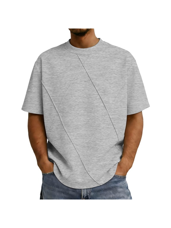 Big & Tall Men's Short Sleeve Boxy T-Shirts Crew Neck Diamond Grid Seam Pattern Summer Fashion Classic Tops for Father Gift