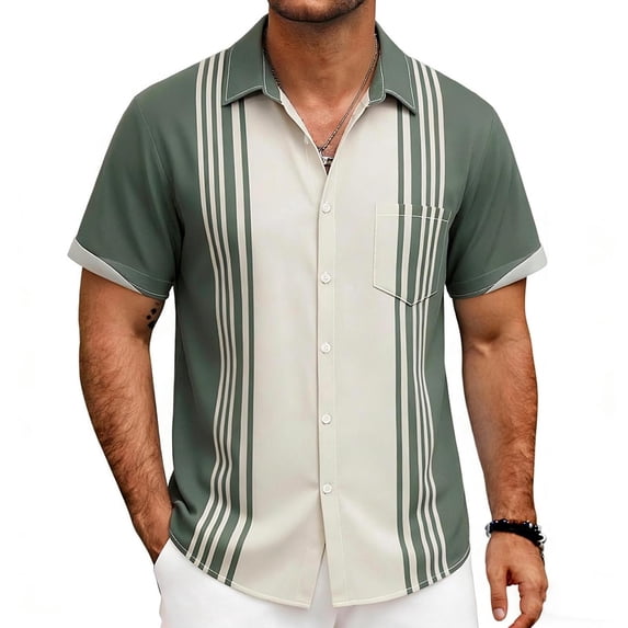 Big & Tall Men's Short Sleeve Button Down Shirt Camp Collar Regular Fit Striped Casual Business Shirts Summer Gift for Dad