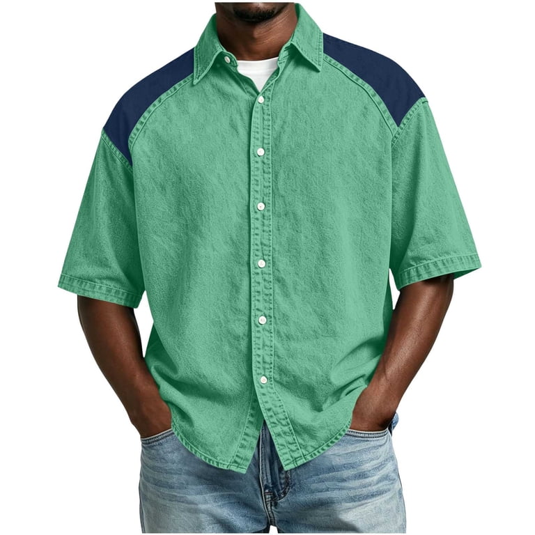Hatoys Big & Tall Men's Short Sleeve Button Down Shirts Casual Colorblock Lightweight Denim Look Workwear Tops for Daily Wear, Size: Large, Green