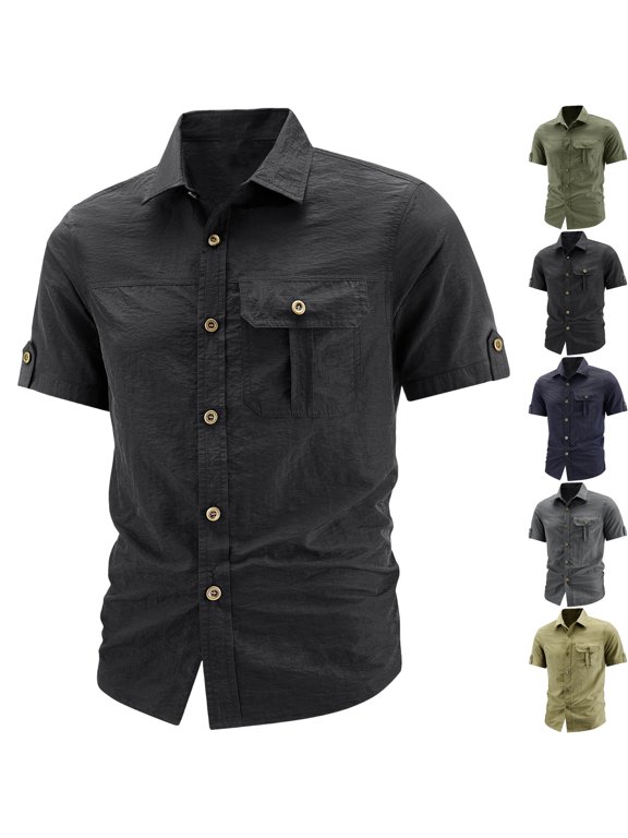 Big & Tall Men's Short Sleeve Button Down Hiking Shirt Quick Dry Casual Work Shirt with Utility Pocket, Summer Textured Outdoor Safari Tops Moisture Wicking