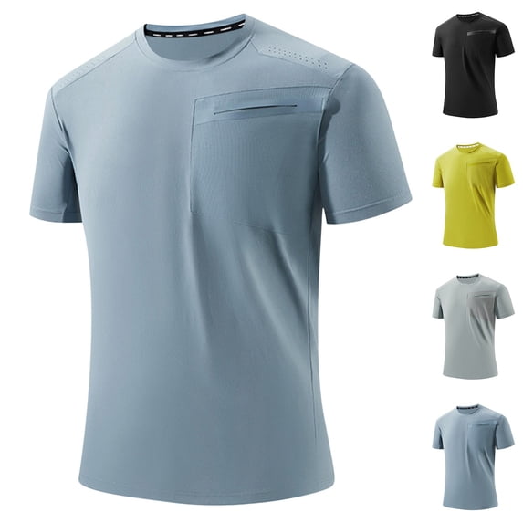Big & Tall Men's Short Sleeve Cooling Athletic T-Shirts Quick Dry Moisture Wicking Crewneck Workout Shirts with Pocket Breathable Ice Silk Tops for Running