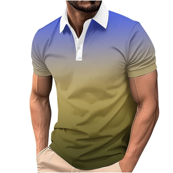 Big & Tall Men's Short Sleeve Gradient Golf Shirts 3 Button Pique Collared T-Shirt Quick Dry Performance Athletic Tennis Tops Summer Father's Day Gift