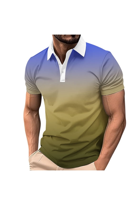 Big & Tall Men's Short Sleeve Gradient Golf Shirts 3 Button Pique Collared T-Shirt Quick Dry Performance Athletic Tennis Tops Summer Father's Day Gift