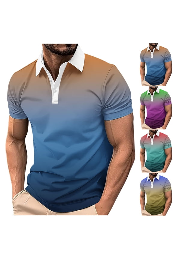 Big & Tall Men's Short Sleeve Gradient Golf Shirts 3 Button Pique Collared T-Shirt Quick Dry Performance Athletic Tennis Tops Summer Father's Day Gift